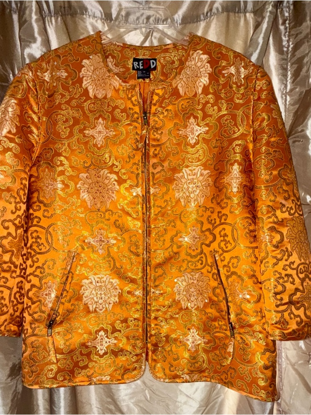 Red Orange Brocade Bomber Jacket by Red